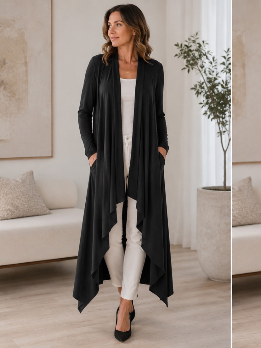 Sympli Black Open Front Duster Cardigan Size 10 Travel Knit Long Jacket